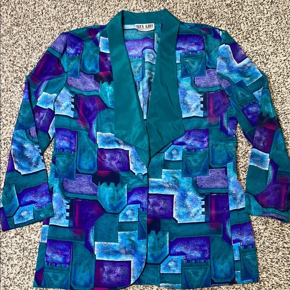 Vintage Green and Purple Geometric Blazer with Notched Lapels - Picture 4 of 7
